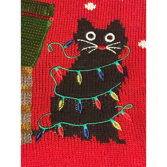 The Karen Scott black cat Christmas Tree Red Sweater 2x crew neck long sleeves - Picture 7 of 8
